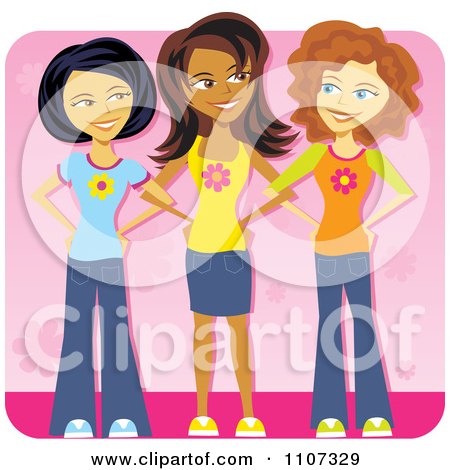 Clipart Happy Asian Hispanic And Caucasian Teenage Girls In Casual Apparel Over Pink - Royalty Free Vector Illustration by Amanda Kate
