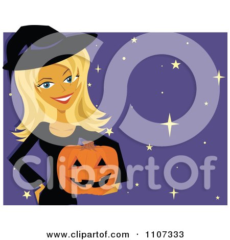 Clipart Happy Blond Woman In A Halloween Witch Costume Holding A Pumpkin Over Stars - Royalty Free Vector Illustration by Amanda Kate