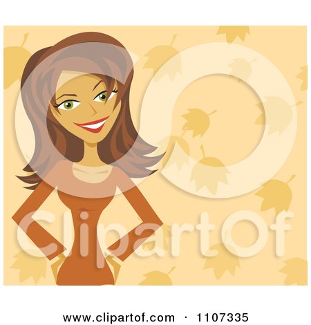 Clipart Beautiful Brunette Woman In A Fall Sweater Over Autumn Leaves - Royalty Free Vector Illustration by Amanda Kate