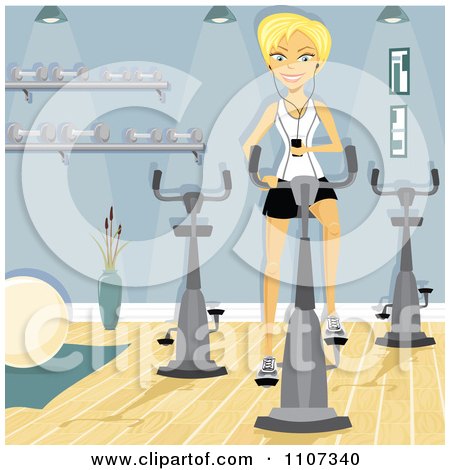 Clipart Happy Blond Woman Using Her Mp3 Player While Using A Spin Bike At The Gym - Royalty Free Vector Illustration by Amanda Kate
