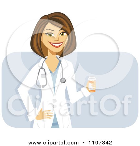 Clipart Happy Brunette Female Doctor Holding A Pill Bottle Over Purple - Royalty Free Vector Illustration by Amanda Kate