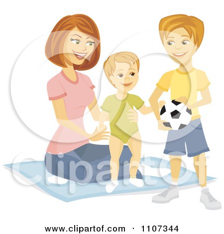 Clipart Happy Boy With A Soccer Ball Watching His Mom Help His Baby Brother Stand - Royalty Free Vector Illustration by Amanda Kate