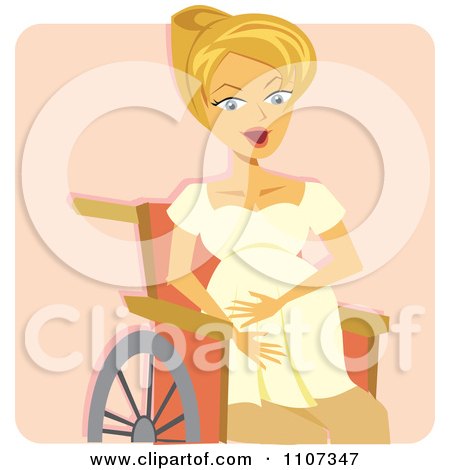 Clipart Pregnant Blond Woman Holding Her Belly And Sitting In A Wheelchair While In Labor Over Pink - Royalty Free Vector Illustration by Amanda Kate