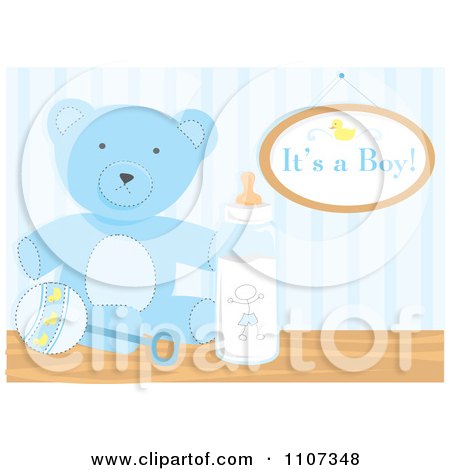 Clipart Blue Teddy Bear Rattle And Baby Bottle With An Its A Boy Sign - Royalty Free Vector Illustration by Amanda Kate
