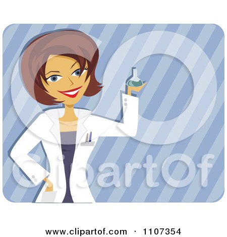Clipart Happy Scientist Woman Holding Up A Beaker Over Stripes - Royalty Free Vector Illustration by Amanda Kate