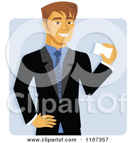 Clipart Handsome Caucasian Businessman Smiling And Holding A Business Card Over Blue - Royalty Free Vector Illustration by Amanda Kate
