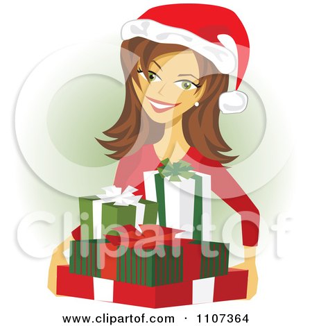 Clipart Happy Mother Holding Christmas Presents And Wearing A Santa Hat - Royalty Free Vector Illustration by Amanda Kate