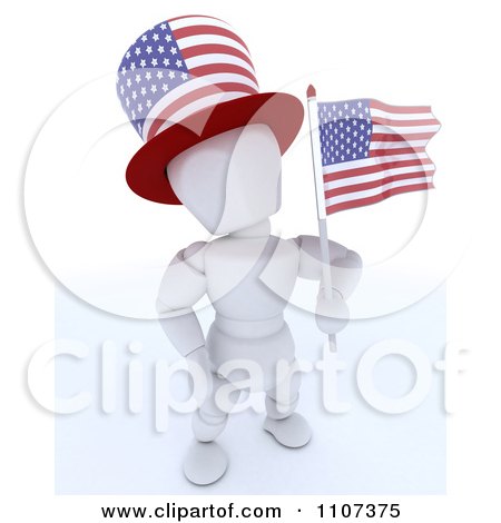 Clipart 3d American White Character Wearing A Top Hat And Holding An Independence Day Flag 1 - Royalty Free CGI Illustration by KJ Pargeter