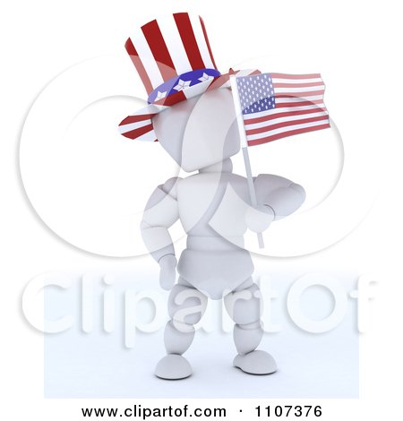 Clipart 3d American White Character Wearing A Top Hat And Holding An Independence Day Flag 2 - Royalty Free CGI Illustration by KJ Pargeter