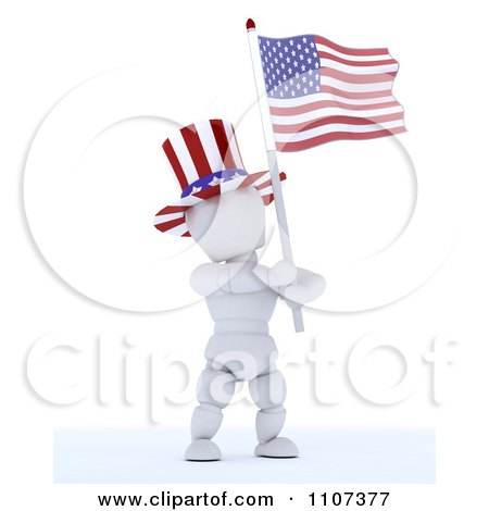 Clipart 3d American White Character Wearing A Top Hat And Holding An Independence Day Flag 3 - Royalty Free CGI Illustration by KJ Pargeter