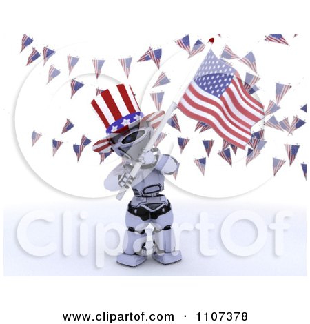 Clipart 3d Patriotic Robot Wearing A Top Hat And Waving An American Flag Under Buntings 1 - Royalty Free CGI Illustration by KJ Pargeter