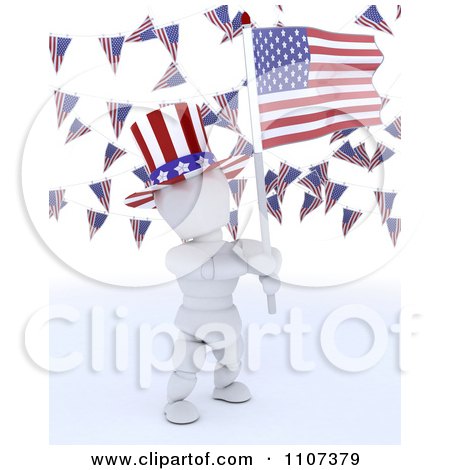 Clipart 3d American White Character Wearing A Top Hat And Holding An Independence Day Flag Under Buntings - Royalty Free CGI Illustration by KJ Pargeter