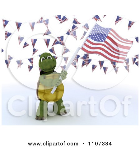 Clipart 3d Tortoise Wearing A Top Hat And Waving An American Flag Under Buntings - Royalty Free CGI Illustration by KJ Pargeter