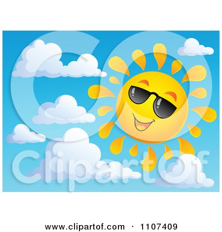 Clipart Cheerful Sun Character Smiling And Wearing Shades In A Sky - Royalty Free Vector Illustration by visekart