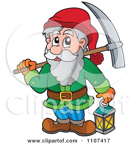 Clipart Miner Dwarf Carrying A Pickaxe And Lantern - Royalty Free Vector Illustration by visekart