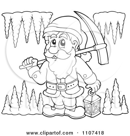 Clipart Outlined Miner Dwarf Carrying A Pickaxe And Lantern In A Cave - Royalty Free Vector Illustration by visekart
