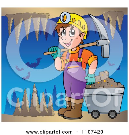 Clipart Happy Miner In A Cave With Bats - Royalty Free Vector Illustration by visekart