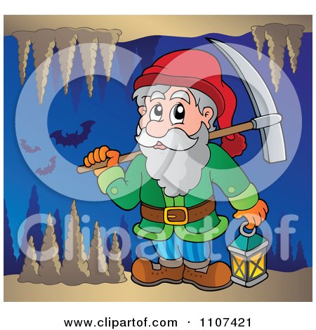 Clipart Miner Dwarf Carrying A Pickaxe And Lantern In A Cave With Bats - Royalty Free Vector Illustration by visekart