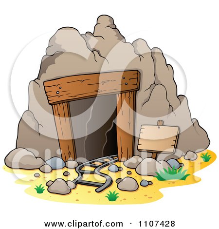 Clipart Mining Cave Entrance With Rails And A Sign - Royalty Free Vector Illustration by visekart