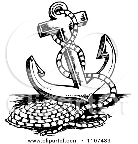 Clipart Sketched Black And White Ship Anchor And Rope - Royalty Free Vector Illustration by visekart