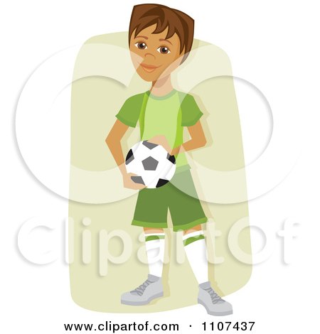 Clipart Happy Hispanic Soccer Boy Holding A Ball Over Tan - Royalty Free Vector Illustration by Amanda Kate