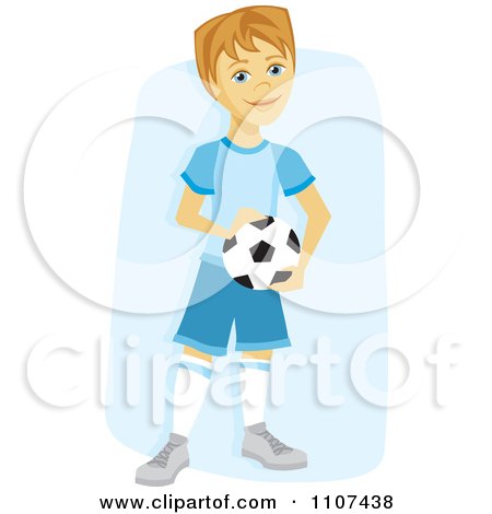 Clipart Happy Caucasian Soccer Boy Holding A Ball Over Blue - Royalty Free Vector Illustration by Amanda Kate