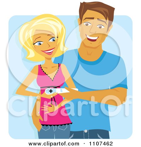 Clipart Happy Caucasian Couple Holding A Positive Pregnancy Test Over Blue - Royalty Free Vector Illustration by Amanda Kate