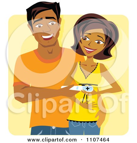 Clipart Happy Indian Couple Holding A Positive Pregnancy Test Over Yellow - Royalty Free Vector Illustration by Amanda Kate