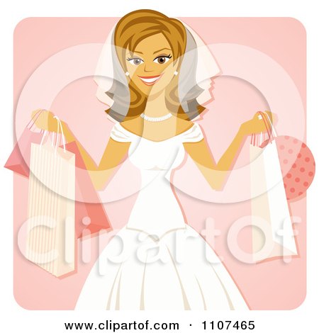 Clipart Happy Blond Bride Holding Up Shopping Bags Over Pink - Royalty Free Vector Illustration by Amanda Kate