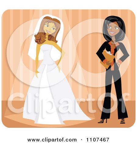 Clipart Friendly Black Wedding Planner And Bride Trying On Her Dress Over Orange - Royalty Free Vector Illustration by Amanda Kate