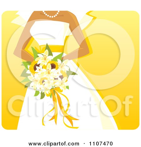 Clipart Hispanic Bride Holding A Sunflower And Lily Bouquet Over Yellow - Royalty Free Vector Illustration by Amanda Kate