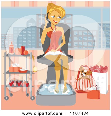 Clipart Happy Woman Talking On Her Phone While Soaking Her Feet With Shopping Bags And Her Dog By Her Side In A Spa - Royalty Free Vector Illustration by Amanda Kate
