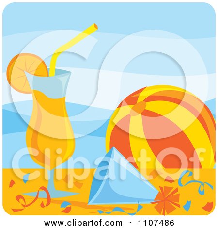 Clipart Orange Cocktail Beach Ball Party Hat And Confetti Poolside - Royalty Free Vector Illustration by Amanda Kate