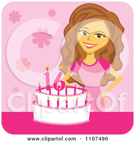 Clipart Happy Birthday Girl By Her Sweet 16 Cake Over Pink - Royalty Free Vector Illustration by Amanda Kate