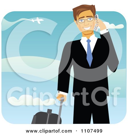 Clipart Happy Caucasian Business Man With Luggage Talking On A Cell Phone At An Airport - Royalty Free Vector Illustration by Amanda Kate