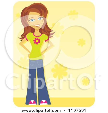 Clipart Brunette Teen Girl In A Flower Shirt And Bell Bottom Pants Over Yellow - Royalty Free Vector Illustration by Amanda Kate
