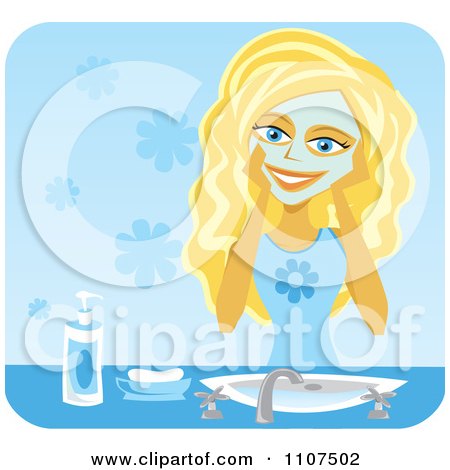 Clipart Happy Blond Teenage Girl Washing Her Face With Cleanser Over Blue - Royalty Free Vector Illustration by Amanda Kate