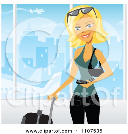 Clipart Happy Blond Woman Texting On Her Cell Phone In An Airport - Royalty Free Vector Illustration by Amanda Kate