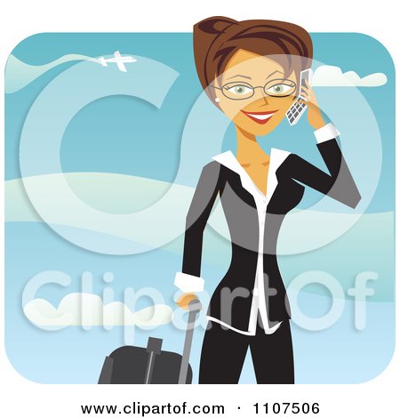 Clipart Happy Traveling Brunette Businesswoman Talking On Her Cell Phone At An Airport - Royalty Free Vector Illustration by Amanda Kate