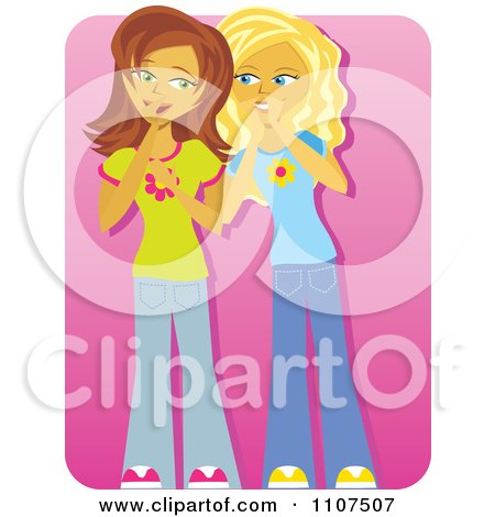 Clipart Two Teenage Girls Gossiping And Telling Secrets On Pink - Royalty Free Vector Illustration by Amanda Kate
