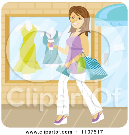 Clipart Happy Plus Sized Brunette Woman Carrying Coffee And Shopping - Royalty Free Vector Illustration by Amanda Kate