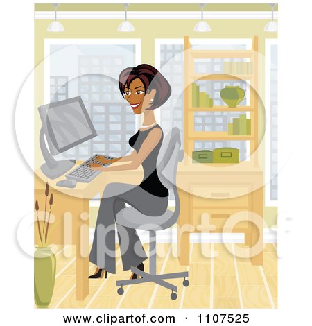 Clipart Happy Hispanic Businesswoman Working On Her Computer In Her City Office - Royalty Free Vector Illustration by Amanda Kate