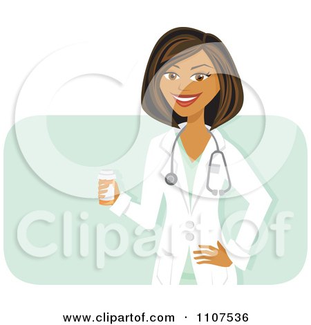 Clipart Happy Hispanic Female Doctor Holding A Pill Bottle Over Green - Royalty Free Vector Illustration by Amanda Kate