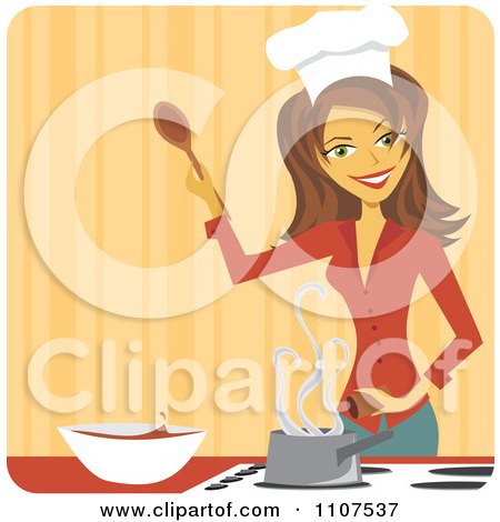 Clipart Happy Brunette Female Chef Seasoning Food In A Pot On A Stove Over Orange - Royalty Free Vector Illustration by Amanda Kate