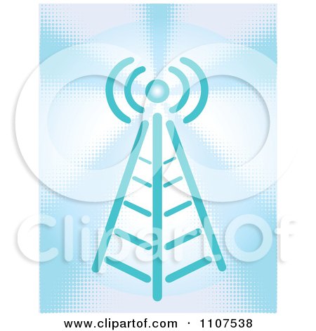Clipart Wireless Communications Tower On Blue Halftone - Royalty Free Vector Illustration by Amanda Kate