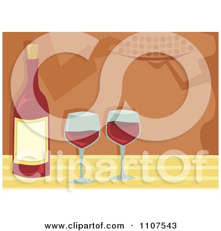 Clipart Bottle Of Red Wine And Glasses With People And Servers In The Background - Royalty Free Vector Illustration by Amanda Kate