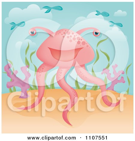 Clipart Happy Pink Sea Alien With Flying Fish - Royalty Free Vector Illustration by Amanda Kate