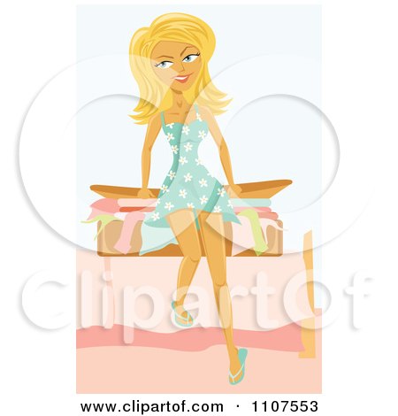 Clipart Blond Woman Sitting On Her Suitcase And Trying To Pack For Vacation - Royalty Free Vector Illustration by Amanda Kate