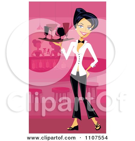 Clipart Beautiful Black Haired Cocktail Waitress Working In A Bar Over Pink - Royalty Free Vector Illustration by Amanda Kate
