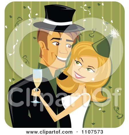 Clipart Happy Caucasian New Years Couple Embracing Over Green - Royalty Free Vector Illustration by Amanda Kate